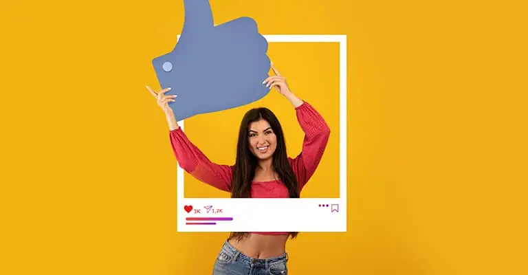 Smiling woman in a pink top holds an oversized blue thumbs up above a social media post frame against a bright yellow background. Engagement icons show “3K” likes and “1.2K” shares to represent ways to optimize your social media.