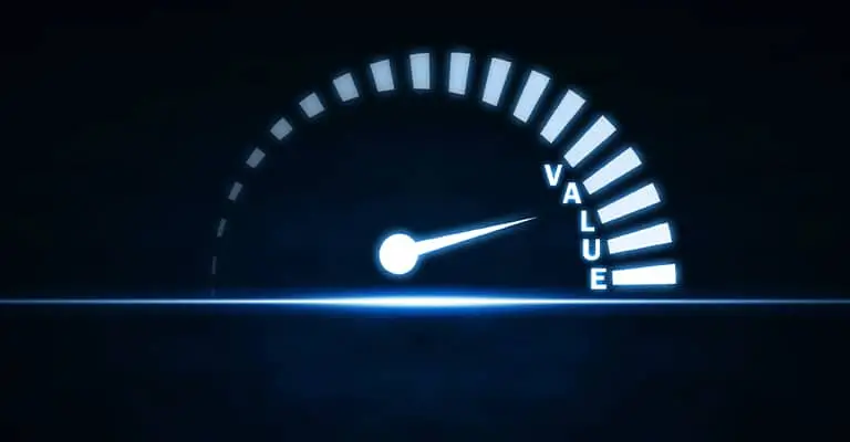 A glowing gauge points toward the high end of a scale labeled "VALUE" against a dark blue background. The visual represents the value of personal branding as something that can increase professional impact and recognition.